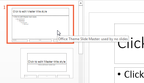 Tooltip says "Office Theme Slide Master: used by no slides".