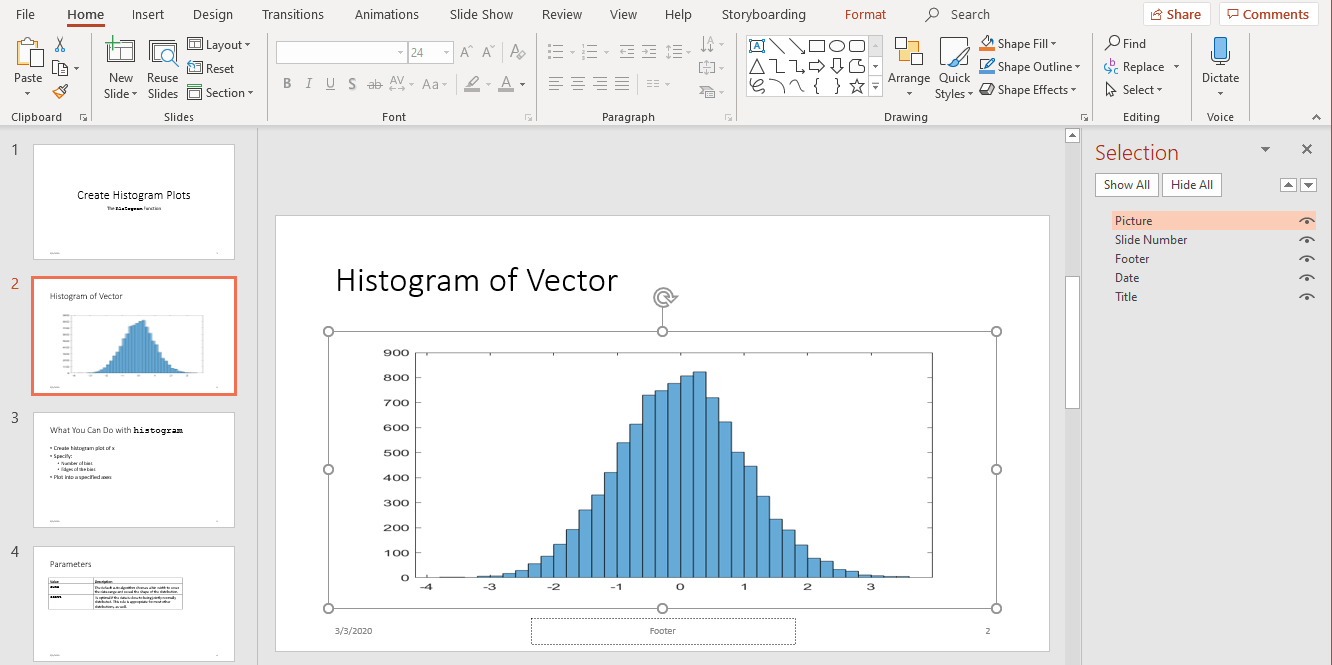 The PowerPoint Normal View with the "Histogram Of Vector" slide selected and the Picture name highlighted in the Selection pane.