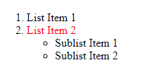 Ordered list where the first list item is black, the second list item is red, and the sublist is black