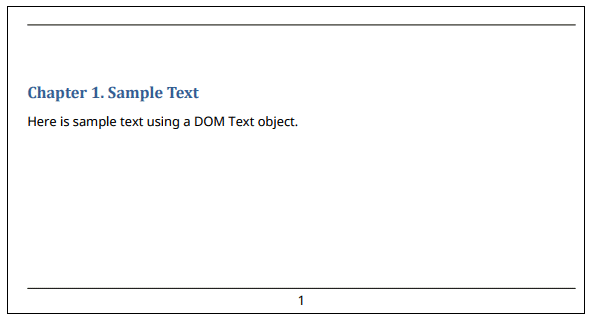 Chapter one has the title "Sample Text" and the text, "here is sample text using a DOM Text object".