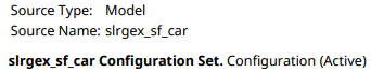 First paragraph is "Source Type :Model". Second paragraph is "Source Name: slrgex_sf_car". Third paragraph is "slrgex_sf_car Configuration Set. Configuration (Active)".