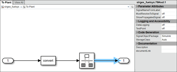 The web view model viewer pane displays the To Plant system. The input signal of the Outport block is highlighted and the object inspector pane shows the signal properties.