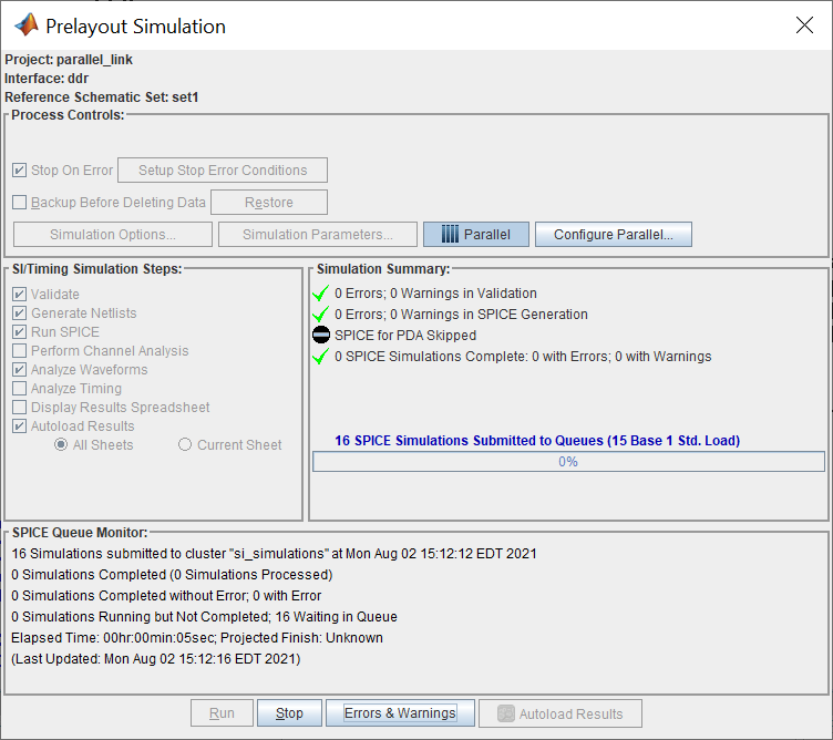 Prelayout Simulation dialog with the summary and status of the 15 simulations