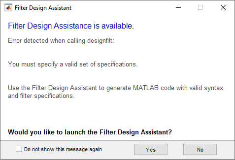 Filter Design Assistant dialog window
