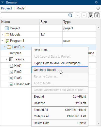 LastRun context menu, with the Generate Report item