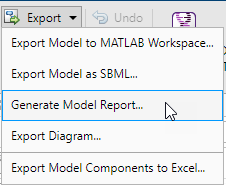 The Export menu, with the Generate Model Report item highlighted.