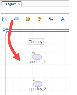The screenshot shows a portion of the model diagram with two species blocks that are dragged and dropped from the diagram toolbar.