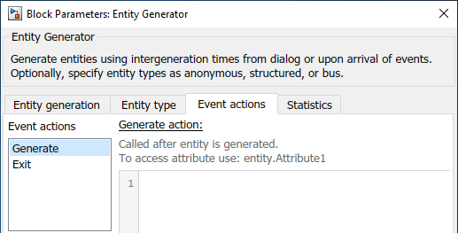Entity Generator block window showing the Generate action field.