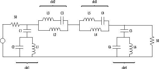 Bandstop filter circuit with six inductors and capacitors.
