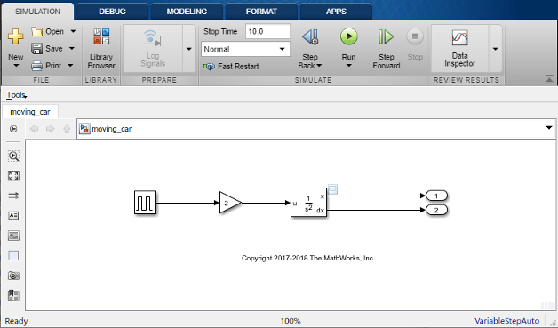 A Simulink model with Pulse Generator, Gain, Integrator, Second-Order block, and two Outport blocks.