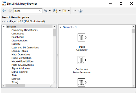 Simulink Library Browser displaying the results for the term pulse. The browser displays Pulse Generator, and Continuous Pulse Generator blocks.