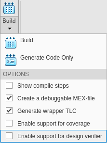 S-function Builder build pane. There are two buttons; Build and Generate Code Only. Then there are options. These options are: Show compile steps, Create a debuggable MEX-file, Generate wrapper TLC, Enable support for coverage, Enable support for design verifier.