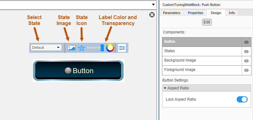 Push Button block in design mode with the toolbar and the Design tab in the Property Inspector visible.
