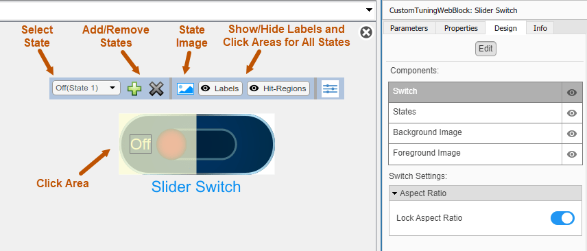 Slider Switch block in design mode with the toolbar and the Design tab in the Property Inspector visible.