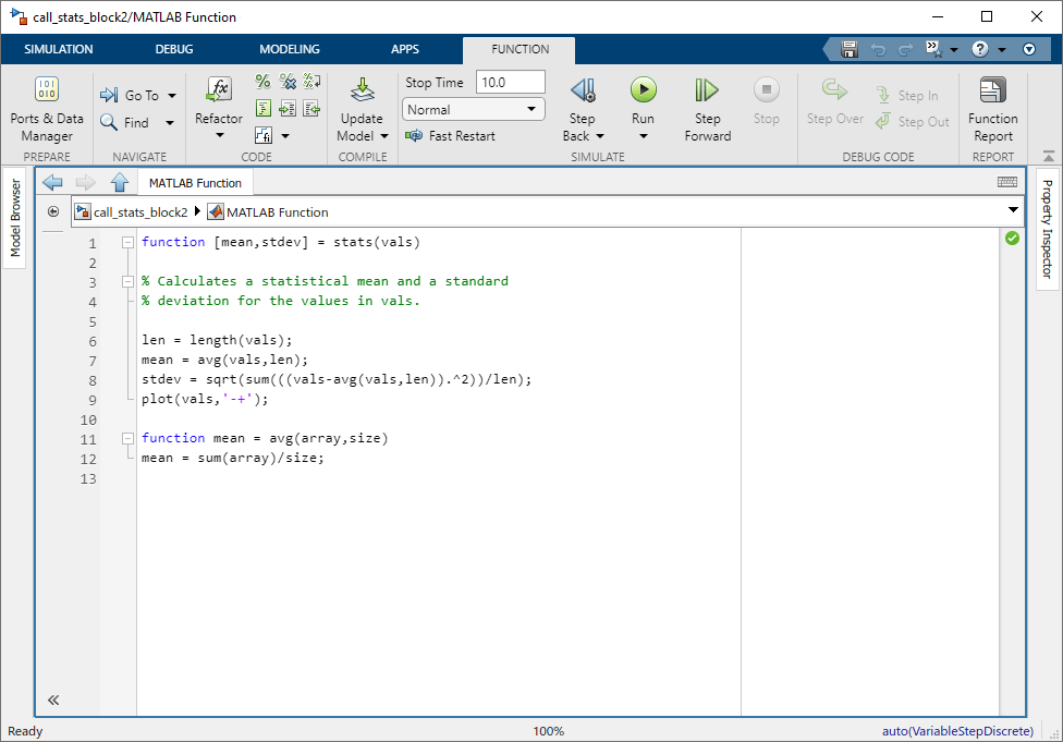 This image displays the MATLAB Function Block Editor window. The editor contains a function that calculates the mean and standard deviation of an input vector.