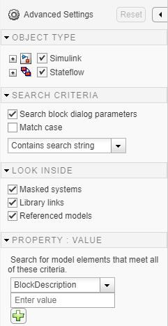 The Advanced Settings pane appears with options to specify object types, search criteria, what to look inside, and property values.
