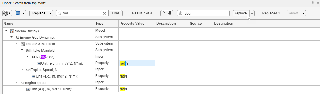 The Finder shows four results for "rad" in the sldemo_fuelsys model hierarchy. The first result has "rad" replaced with "deg," and the second result is selected.