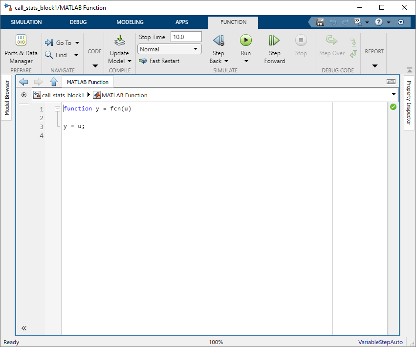 this image shows the MATLAB Function Block Editor after it has been opened from the call_stats_block1 model. It includes a default function.