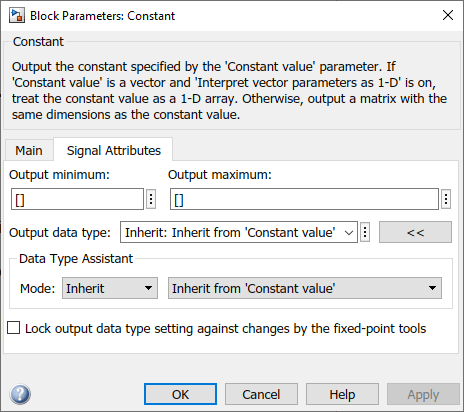 The Data Type Assistant appears below the data type parameter in the Constant block parameters dialog box.