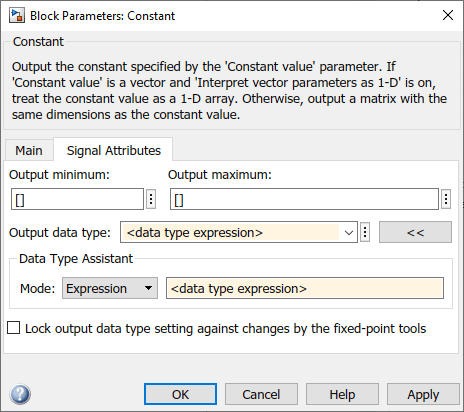 The Constant block parameters dialog box shows that the value for each box is now <data type expression>.