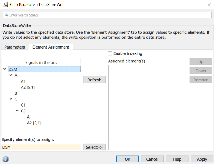The Element Assignment tab of Data Store Write block parameters dialog. The "Signals in the bus" pane shows an expanded view of all elements of the bus DSM.