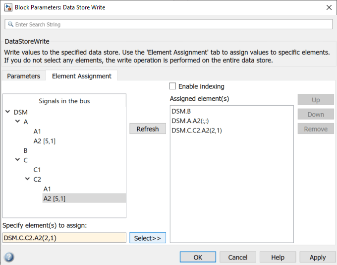 The Element Assignment tab of Data Store Write block parameters dialog. The "Signals in the bus" pane shows an expanded view of all elements of the bus DSM. The "Assigned element(s)" pane shows 3 specified elements of the bus DSM.