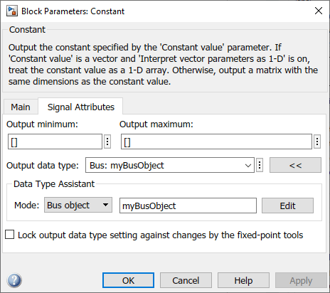 The Constant block parameters dialog box shows that the output data type is set to Bus: myBusObject.