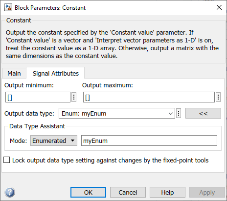 The Constant block parameters dialog box shows that the output data type is set to Enum: myEnum.