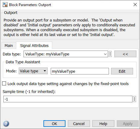 The Outport block parameters dialog box shows that the data type is set to ValueType: myValueType.