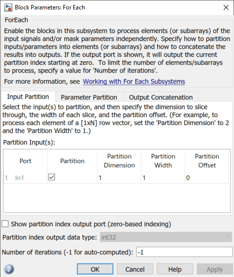 screenshot of For Each Block Parameters dialog, Input Partition tab