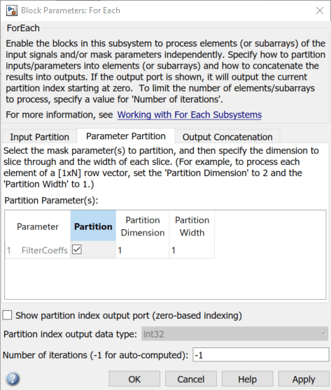 screenshot of For Each Block Parameters dialog, Parameter Partition tab