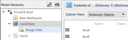 View of Model Explorer. On the left, a data dictionary node is expanded in the Model Hierarchy pane. On the right, the Contents pane displays the two bus objects contained in the Design Data section of the dictionary.