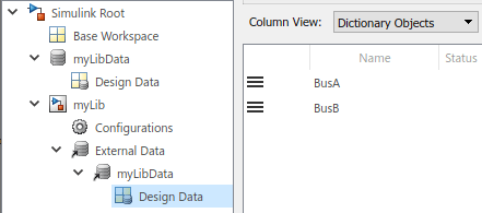 View of Model Explorer. On the left, the library node is expanded in the Model Hierarchy pane. Under the library node, the External Data node is expanded to show the attached data dictionary. On the right, the Contents pane displays the two bus objects contained in the Design Data section of the dictionary.