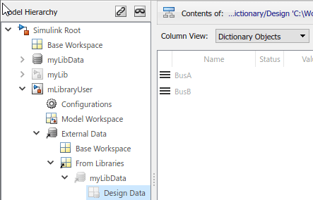 View of Model Explorer. On the left, a model node is expanded in the Model Hierarchy pane. Under the model node, the External Data node is expanded. Under the External Data node, the From Libraries node is expanded to show the attached data dictionary. On the right, the Contents pane displays the two bus objects contained in the Design Data section of the dictionary.