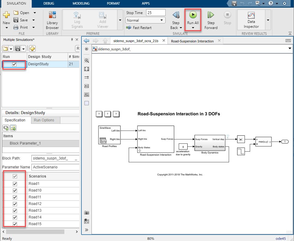 The Simulink canvas showing the Multiple Simulations panel, with the design study selected and Run All button activated.