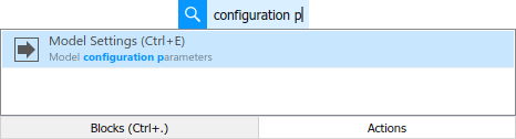 The search result for "config param" is the Model Settings toolstrip item.