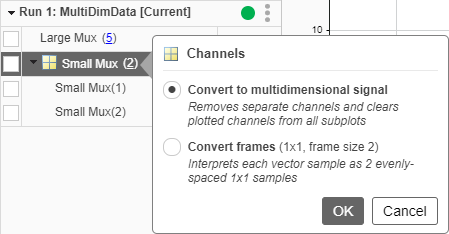 Conversion menu for a signal represented as channels in the Simulation Data Inspector.