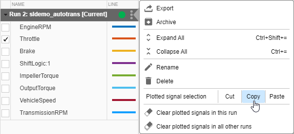 Run actions menu in the Simulation Data Inspector with the option to copy the plotted signal selection highlighted.