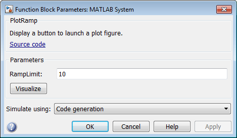 Resulting MATLAB System block dialog box with the custom button labeled "Visualize".