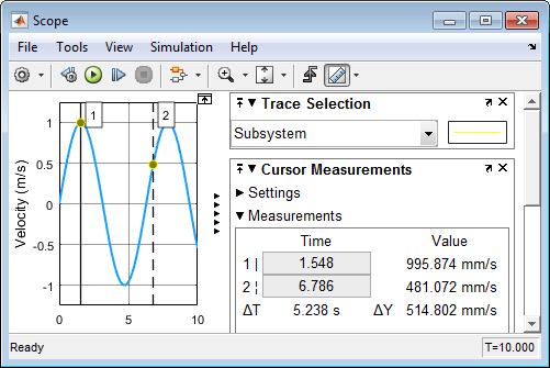 Scope window with the units displayed in the cursor measurements and y-axis label.