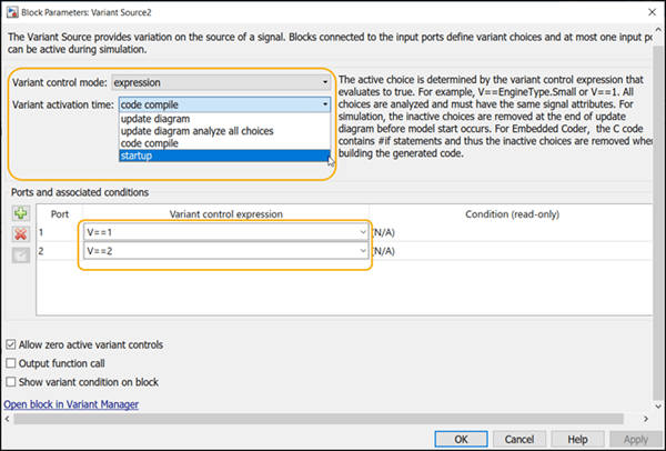 Variant control mode and variant activation time in the block parameters dialog box