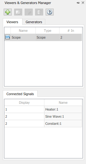 Viewers and Generators Manager window with the Heater signal connected to Display 1, Sine Wave signal connected to Display 2, and Constant signal connected to Display 2.