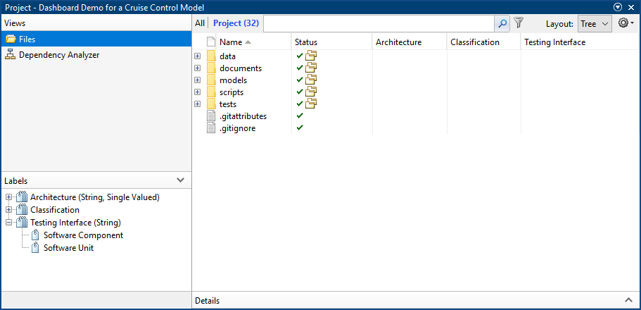 Project window showing the labels pane in the bottom left corner. The Testing Interface category is expanded and the labels Software Component and Software Unit under the category.