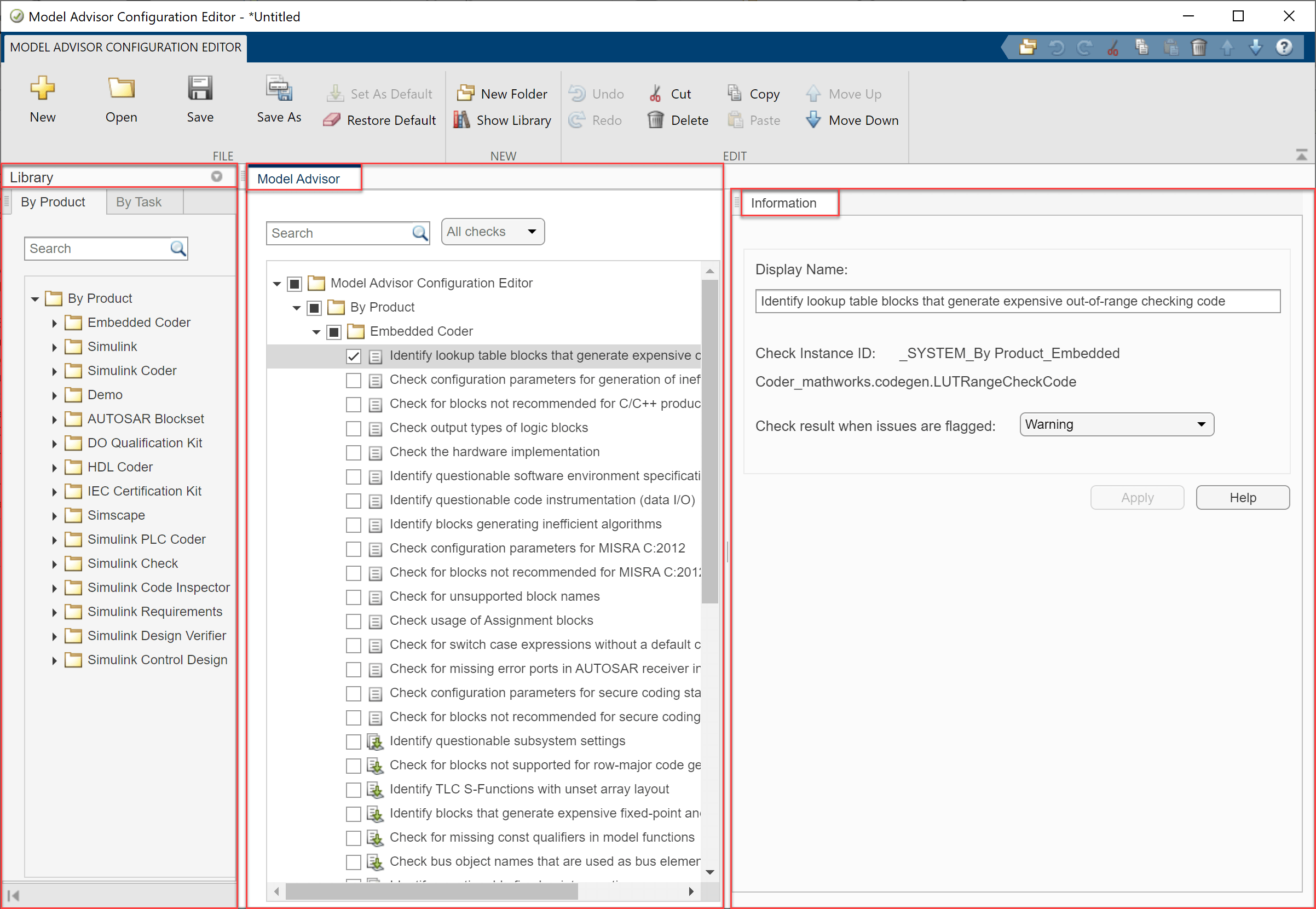 Model Advisor Configuration Editor showing the Library pane, Model Advisor pane, and Information tab