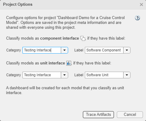 Project Options dialog box showing categories and labels specified for component and unit interfaces.