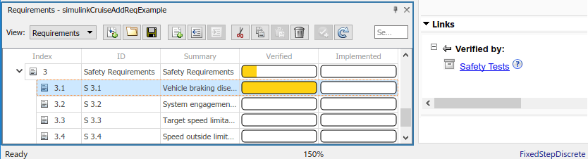 Requirement dialog box showing linked tests to specific requirements