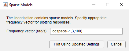 Sparse model dialog with frequency vector specified using logspace function