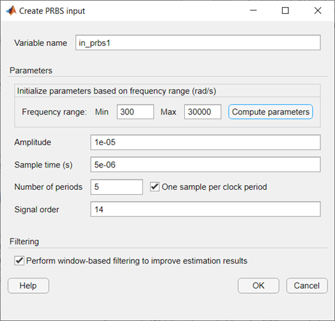 The Create PRBS input dialog box, with example parameters specified.