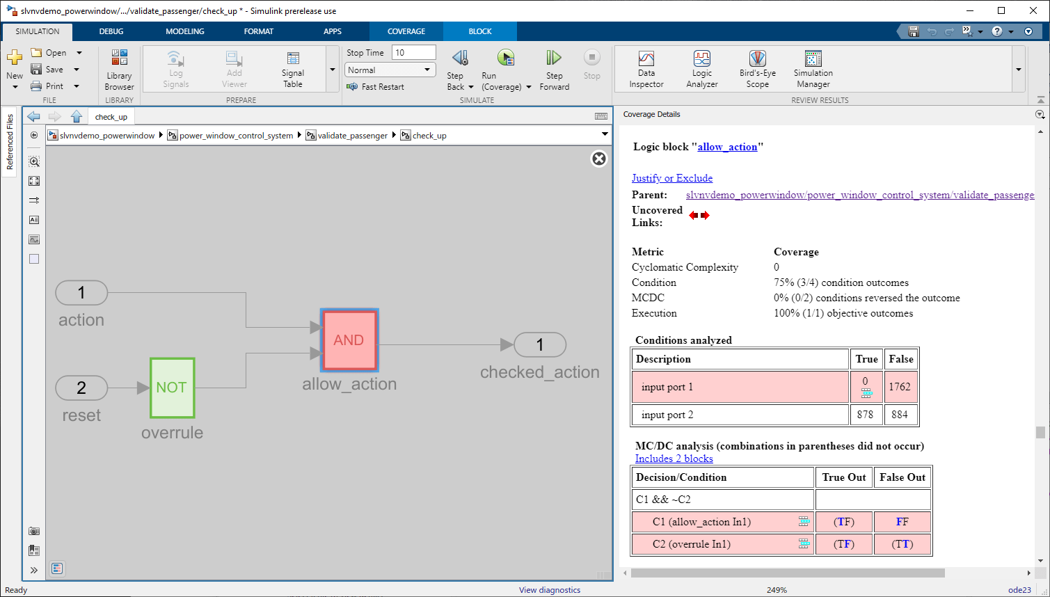 Simulink window after clicking on the And block. The And block is red and the coverage report is displayed on the right.