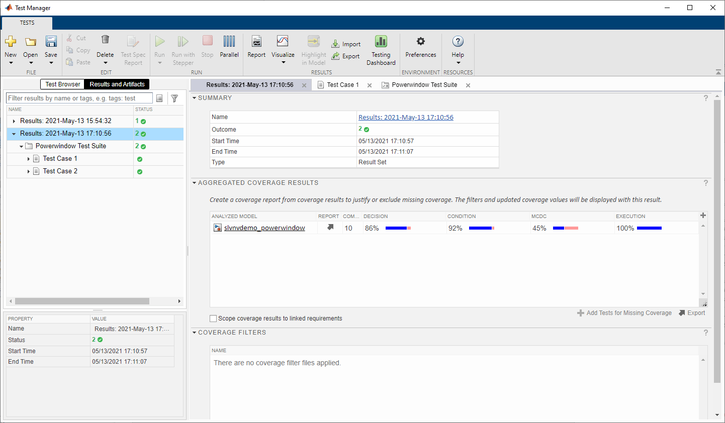Simulink Test Manager on the Results and Artifacts tab with Powerwindow Test Suite selected. Coverage results are: 86% decision, 92% condition, 45% MCDC, and 100% execution.
